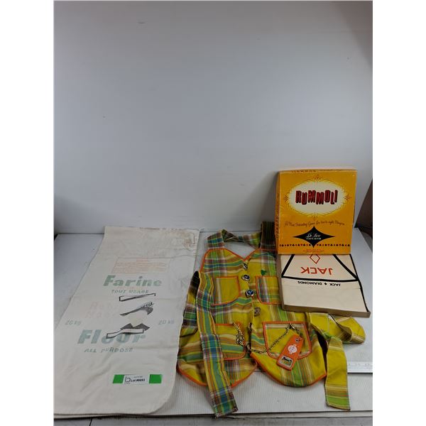 All Purpose Flour Sack, Apron w/ Pic a Pop Bottle Opener, Rummoli Game - As Is