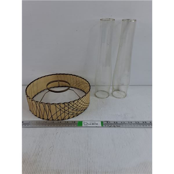 (2) Vintage Clear Glass Oil Lamp Chimneys-12" Tall-one has a crack-Vintage Fiberglass Lampshade