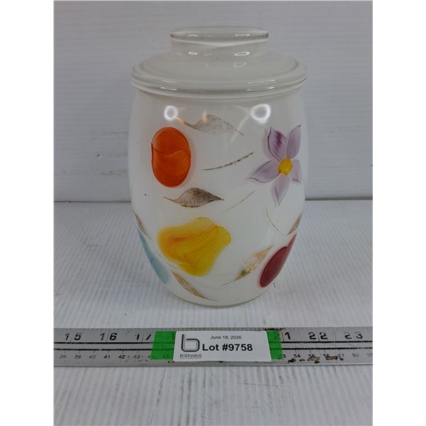 Vintage Bartlett-Collins Frosted White Glass Cookie Jar Featuring Hand-Painted Fruit and Flower Desi