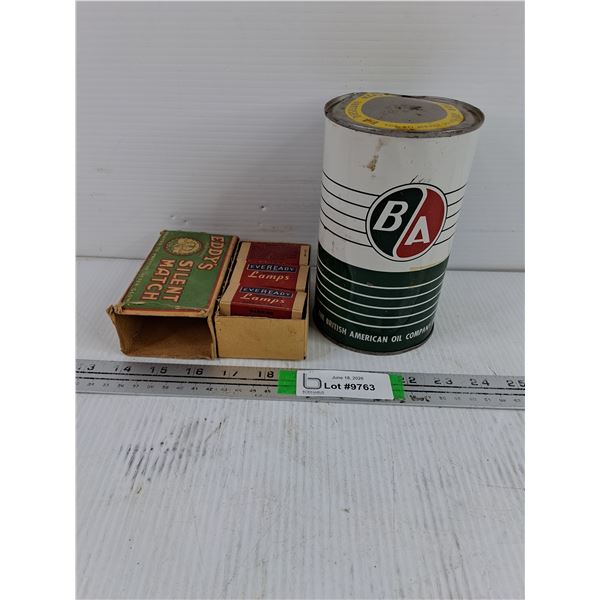 Vintage B/A Oil Company Oil Tin-with contents-cannot ship-(3) Eveready Auto Lamps