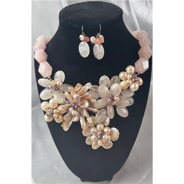 Mother of Pearl and Rose Quartz Necklace with Stamped .925 Earrings