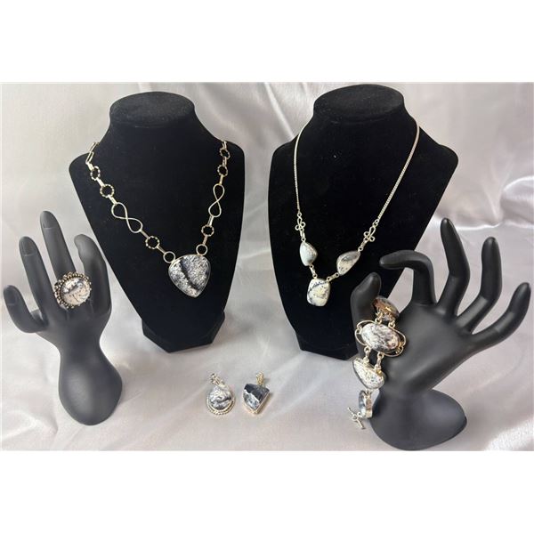 Stamped .925 Silver Dendrictic Agate Jewelry Set: Necklaces, Pendants, Ring, and Bracelet