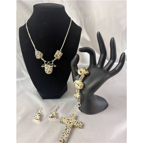 Dalmatian Jasper Jewelry Set in Stamped .925 Sterling Silver