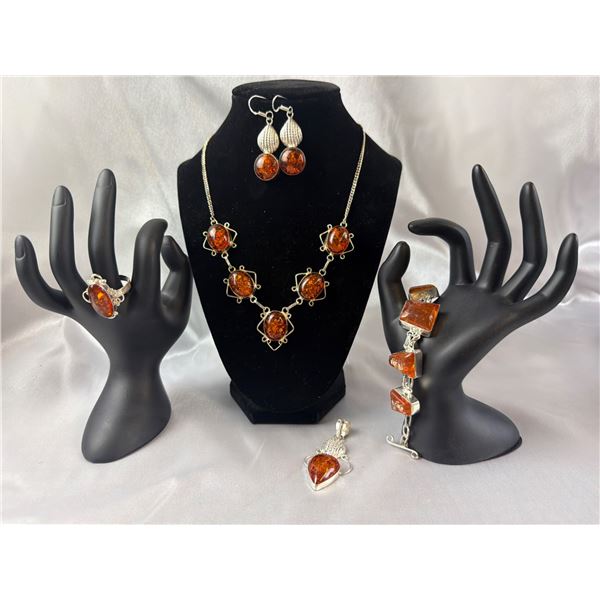 Sterling Silver (.925) Baltic Amber Jewelry Set with Earrings, Necklace, Bracelet, Ring, and Pendant