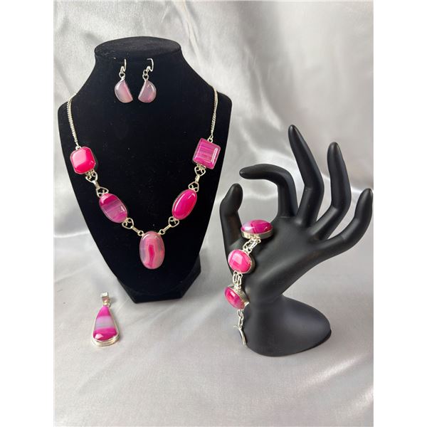 Stamped .925 Botswana Agate Necklace, Earrings, Pendant, and Bracelet Set