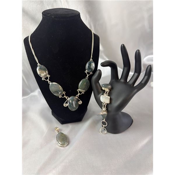 Stamped .925 Moss Agate Necklace, Pendant, and Bracelet Set