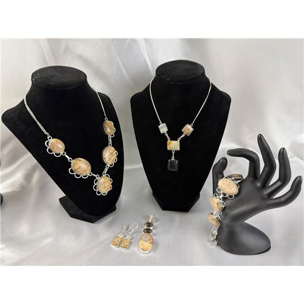 Stamped .925 Jewelry Set with Picture Jasper, Amethyst, and Smoky Topaz