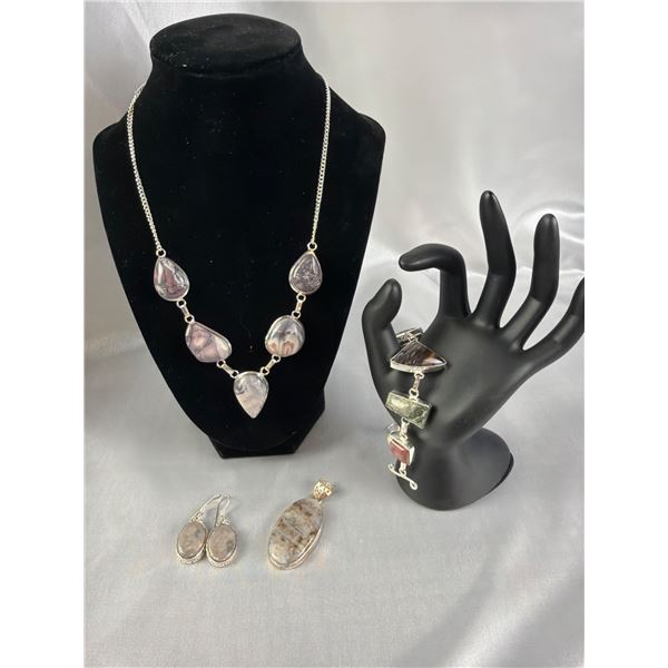 Ocean Jasper Jewelry Set with Stamped .925 Necklace, Bracelet, Earrings, and Pendant