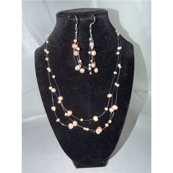 Floating Pearl Necklace and Earring Set with Adjustable Length