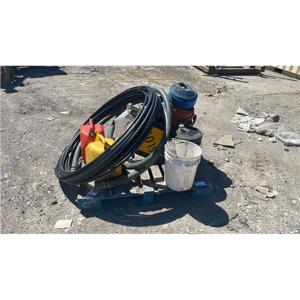 PALLET OF CABLE SINCHES, HOSES, PLASTIC PIPE, & JERRY CANS