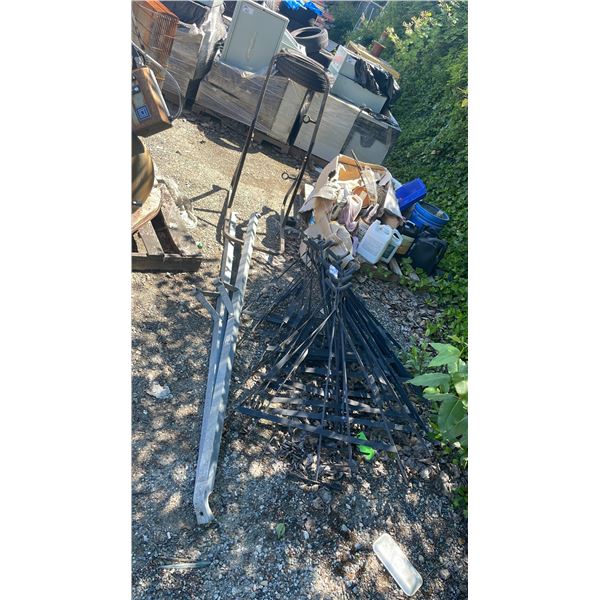 BLACK METAL INDUSTRIAL SIGN STANDS, BAR HANGERS, REEL STAND, & ASSORTED INDUSTRIAL ITEMS