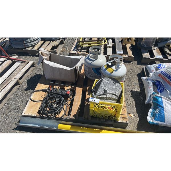 PALLET OF PROPANE BOTTLES, HAND CONTROL SWITCH, & ASSORTED INDUSTRIAL ITEMS