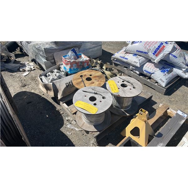 PALLET OF ASSORTED INDUSTRIAL CABLE, TIE DOWN STRAPS, & PLASTIC ELECTRICAL BOXES