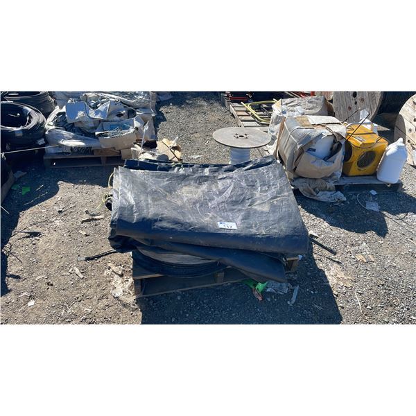 PALLET OF ASSORTED INDUSTRIAL ELECTRICAL CABLE, STRAPPING, & COMMERCIAL TARPS