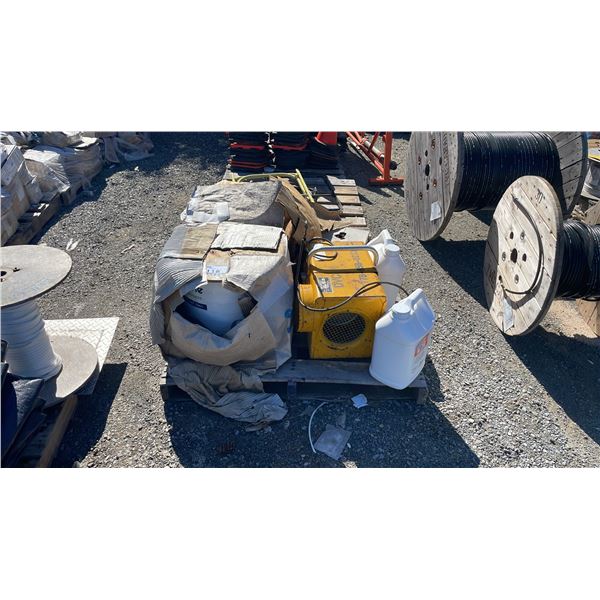 PALLET OF ASSORTED INDUSTRIAL ELECTRICAL CABLE, STRAPPING, AIR MOVER, & CABLE LUBRICANT