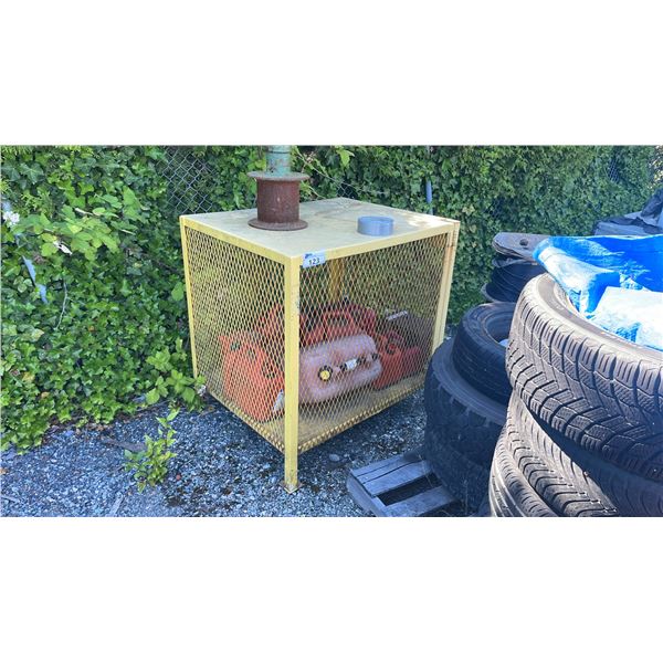 YELLOW METAL SINGLE DOOR INDUSTRIAL PROPANE BOTTLE CAGE & ASSORTED JERRY CANS