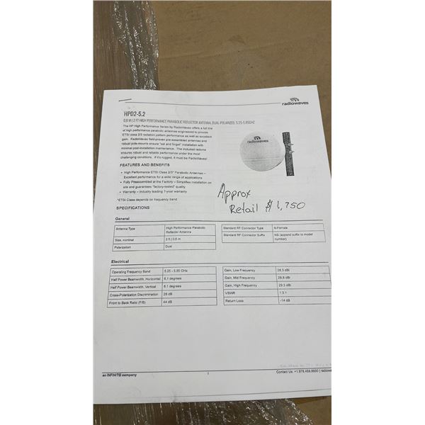 RADIOWAVES HPD2-5.2 COMMERCIAL 0.6M / 2' HIGH PERFORMANCE PARABOLIC REFLECTOR ANTENNA