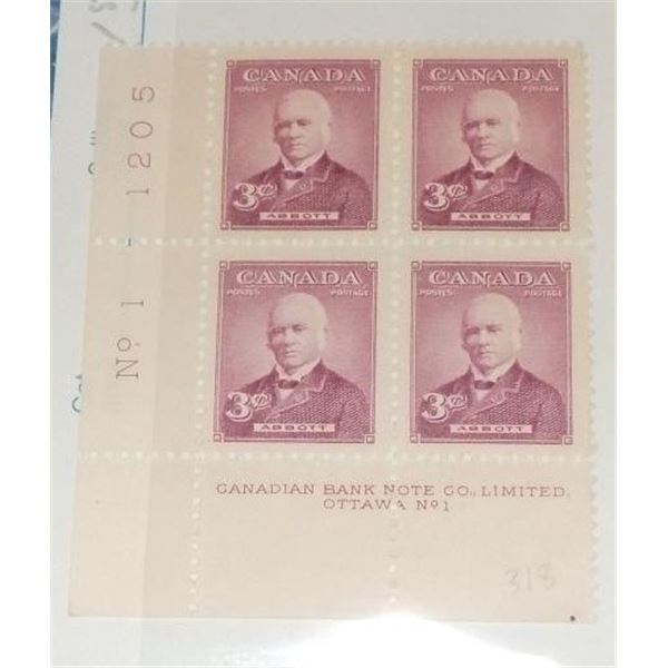 Block of 4 Sir John Abbott 3 Cent Stamps - Canada #318, 1952