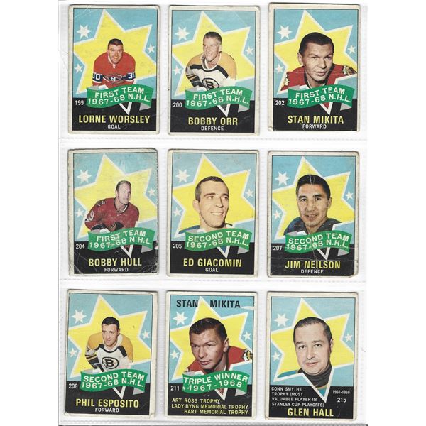 Lot of 9 1968-69 O-Pee-Chee NHL Hockey cards w Orr All-Star