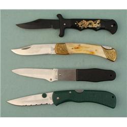FOUR VINTAGE FOLDING KNIVES. 2 MARKED FROST-1 W/POUCH