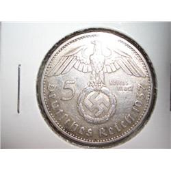 1937 Nazi Five Deutches Reichsmark Silver Coin