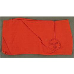 UNIQUE ORIGINAL NAZI ARMBAND-RED W/INK STAMP & SWASTIKA