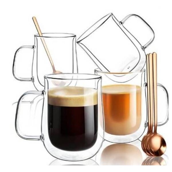 Comome Double Walled 16 OZ, Borosilicate Glass Coffee Cups Set of 4 with Spoons