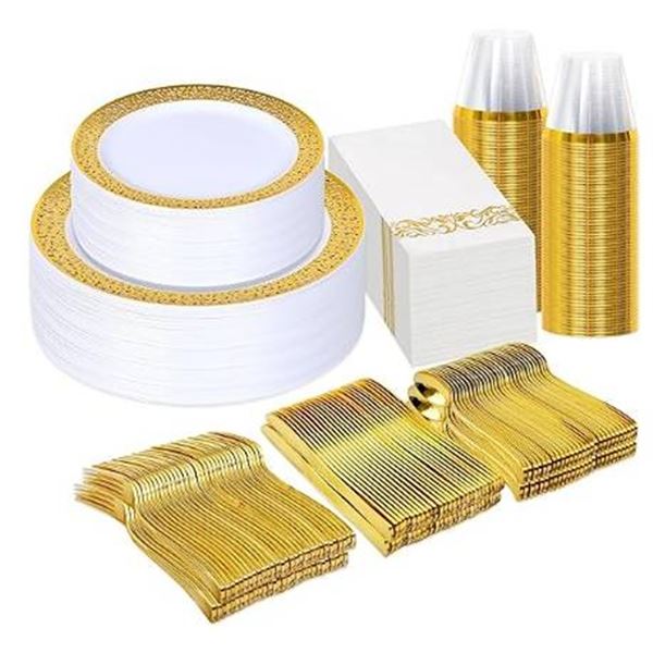 Prestee 350-Piece White with Gold Trim Plastic  Disposable Dinnerware Sets