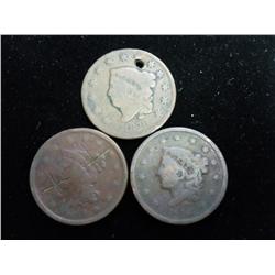 3-Assorted US Cents (As Shown) 1826 Holed,