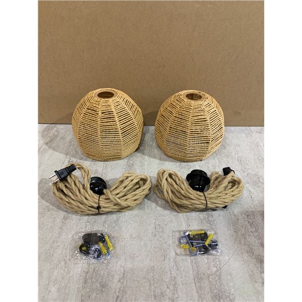 2-Pack Rustic Farmhouse Rattan Hanging Pendant Lights (Plug-In Design) w/ Natural Rope Detail - New!