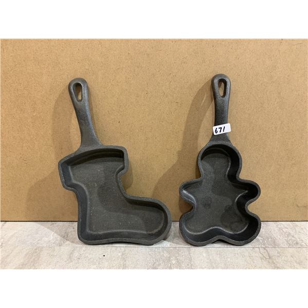 Lot of 2 Festive Black Cast Iron Pans - Stocking & Gingerbread Man