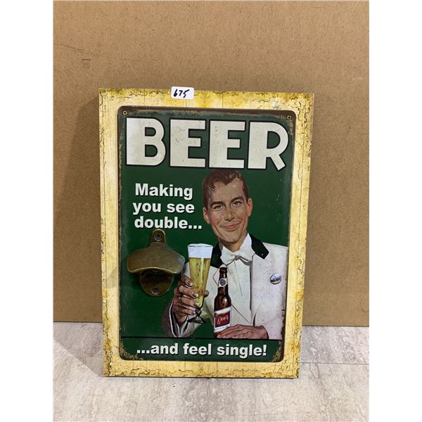 Metal Beer Sign w/ Bottle Opener Mounted On Wood - Wall Hanger
