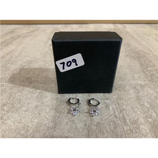 Sterling Silver Huggie Ear Rings w/ Cubic Zirconia Dangling Floral Design