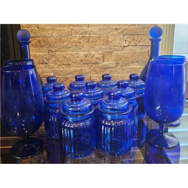 Cobalt Blue Glassware Including Jars, Decanters, and Stemware