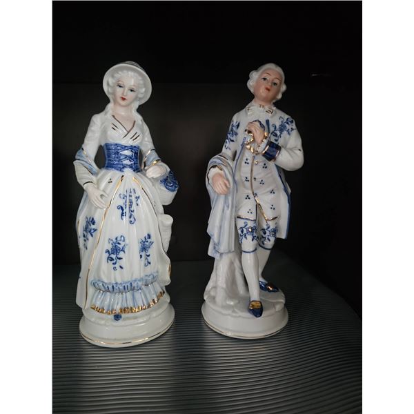 Hand-Painted Porcelain Figurines with Blue Floral Details