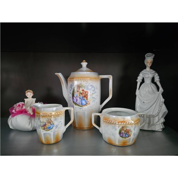 Porcelain Tea Set with Figurines and Gold Detailing