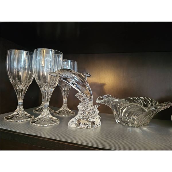 24% Lead Crystal Items Including Glasses, Dolphin Figurine, and Bowl