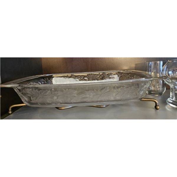 Glass Serving Platter with Floral Etching and Stand