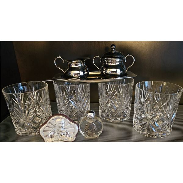 Crystal Tumblers, Silver Serving Set, and Religious Memorabilia