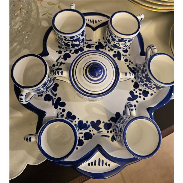 Italian Hand-Painted Deruta Blue and White Ceramic Tea Set with Tray