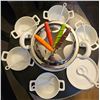Image 1 : Fondue Set with Ceramic Bowls, Spoons, and Metal Stand
