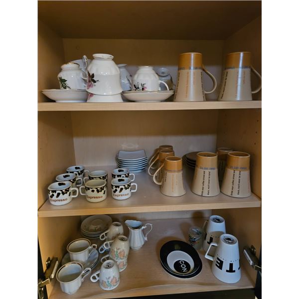 Various Mugs, Espresso Cups, and Queen Anne China Tea Set