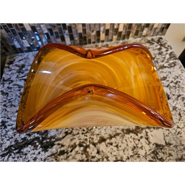 Amber-Colored Swirled Glass Bowl with Decorative Wave Design