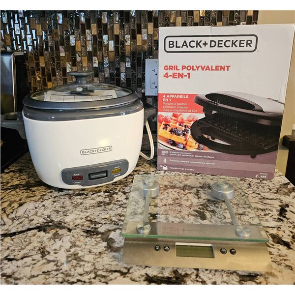 Black+Decker 4-in-1 Grill, Black+Decker Rice Cooker, and Digital Kitchen Scale Lot