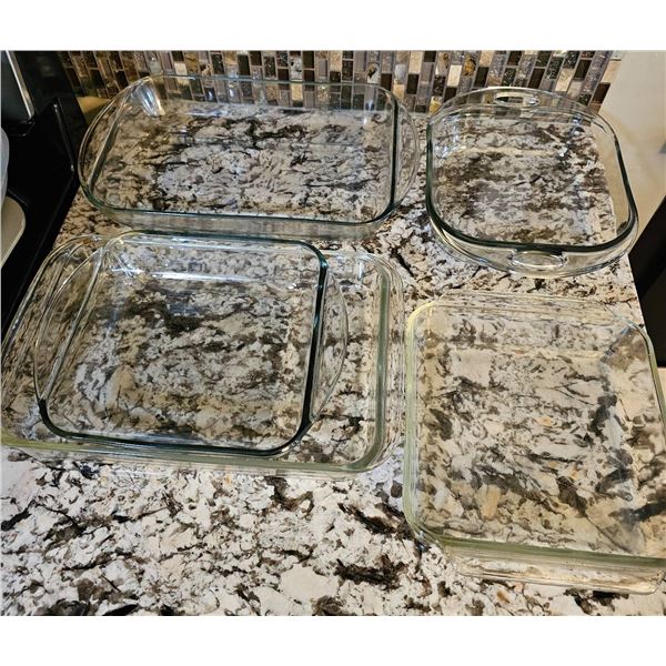 Five Clear Glass Baking Dishes with Handles, Various Sizes