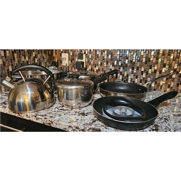 Cookware Set Including Pots, Pans, and Kettle