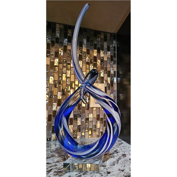 Abstract Blue and White Swirled Glass Sculpture on Clear Base