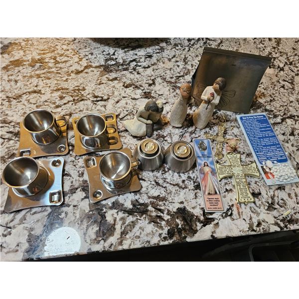 Kitchen Measuring Cups, Figurines, Religious Crosses, and Bookmarks