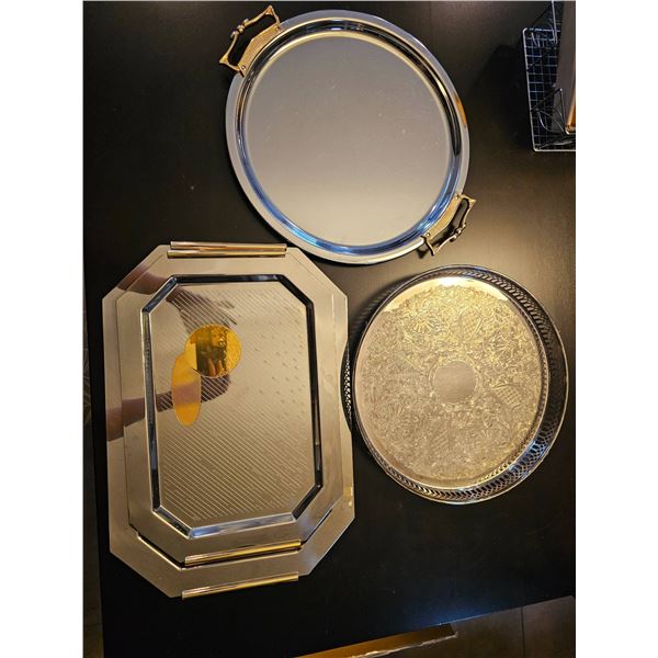Three Metal Serving Trays with Various Designs and Handles