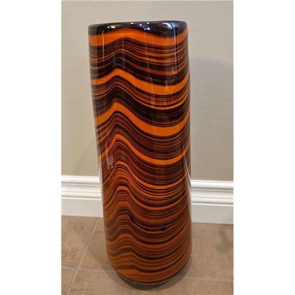 Tall Glass Vase with Amber and Black Swirl Design